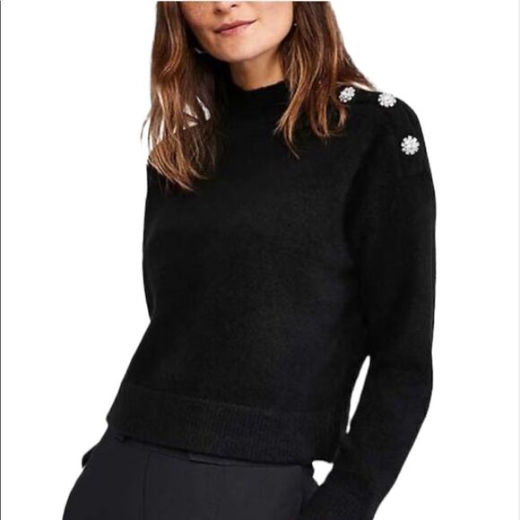Ann Taylor Mock Neck Jewel Rhinestone Button Sweater || Black || SZ - Picture 1 of 4